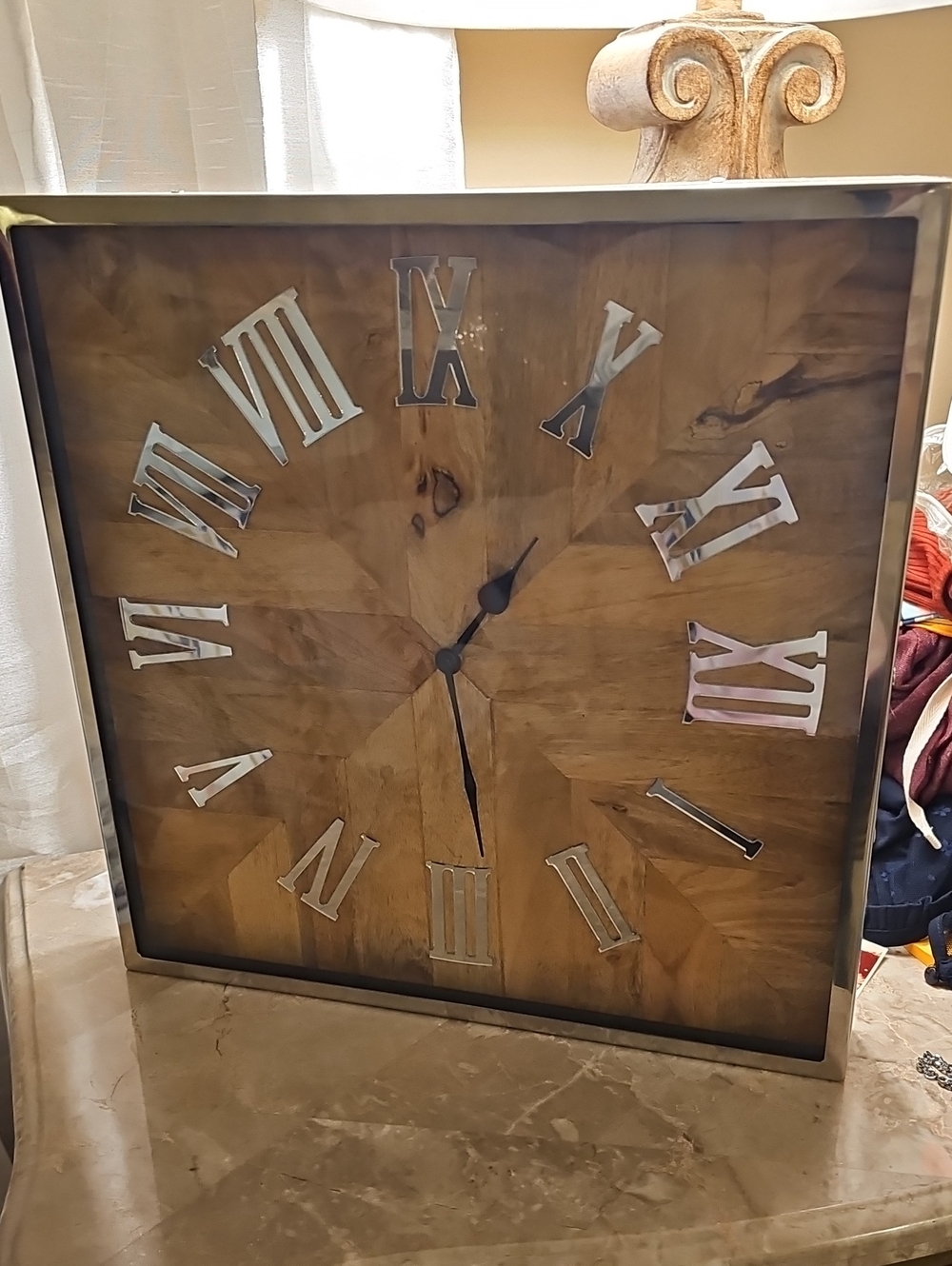 Wood-Finish Square Wall Clock with Silver Roman Numerals - 15.5w x15.5"H